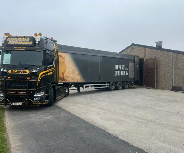 Vrachtwagen van Bedding Express met walking floor trailer voor kippenstal strooien